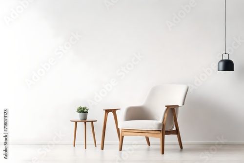 Modern minimalist interior with an armchair on empty white color wall background