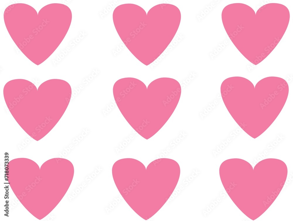 Set of 9 pink hearts on a white background.