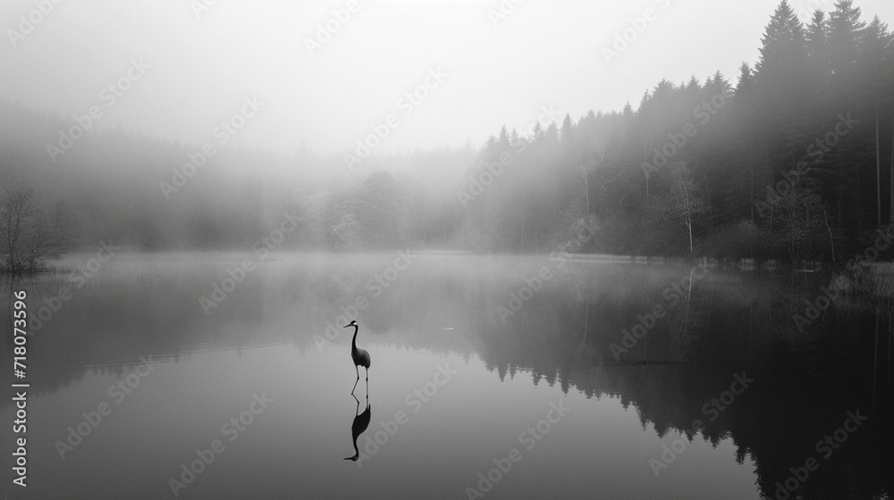 A crane on a lake in the forest in dense fog, black and white image A crane on a lake in the forest in dense fog, black and white image
