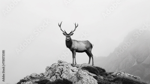 A deer on a high peak, black and white image