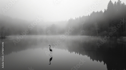 A crane on a lake in the forest in dense fog, black and white image