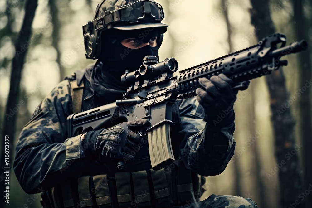 Special Forces Soldier in Combat Gear Aiming Rifle in Forest