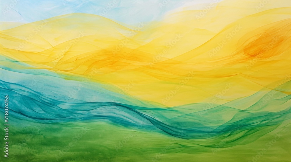 An abstract representation of a summer day, with silk waves in bright yellows, sky blues, and lush greens.