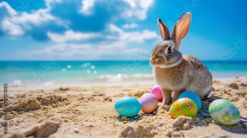 A playful bunny explores the beach with colorful eggs by the sea. On the beach sand, a rabbit artistically arranged in a charming scene. Easter joy and vibrancy concept.