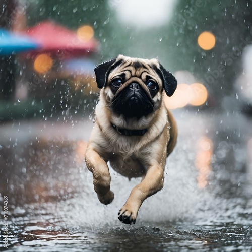 AI-generated illustration of A joyful Pug energetically jumping in the rain on a rainy day