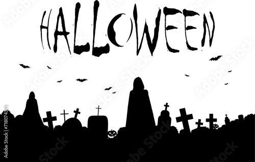 Vektor Silhouette - Alter Friedhof mit Grabsteinen und Kreuzen - Angst und Furcht zu Halloween - Schrift - Text