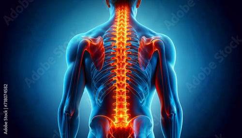 AI generated illustration of a human figure with a highlighted spine, indicating pain