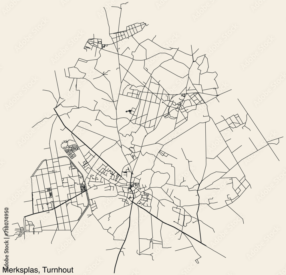 Detailed hand-drawn navigational urban street roads map of the MERKSPLAS COMMUNE of the Belgian municipality of TURNHOUT, Belgium with vivid road lines and name tag on solid background