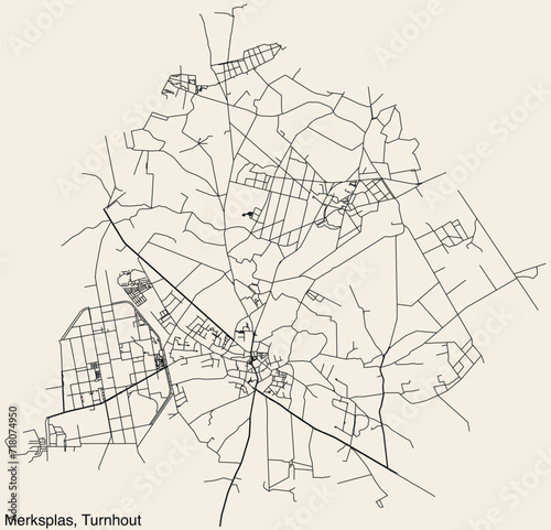 Detailed hand-drawn navigational urban street roads map of the MERKSPLAS COMMUNE of the Belgian municipality of TURNHOUT, Belgium with vivid road lines and name tag on solid background