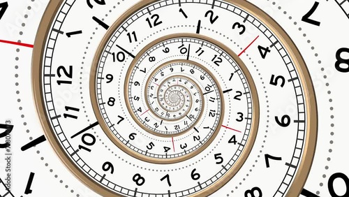 Spiral with clock watch dial. Metaphor of infinity of time. Transience of time. Limited life time. Conceptual video animation. High quality 4k footage