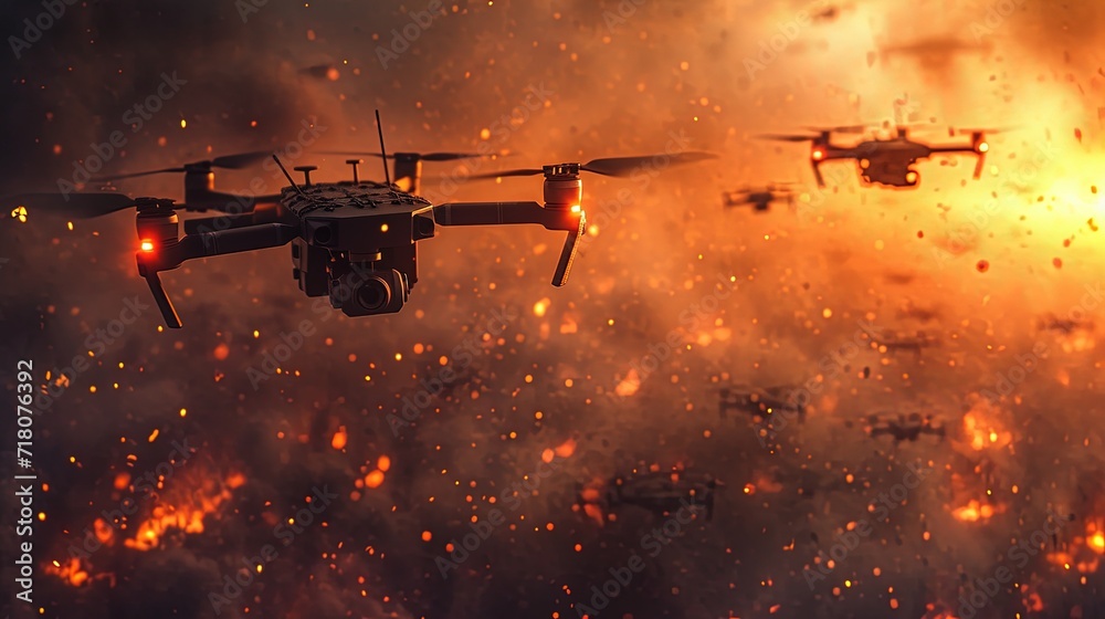 Modern drones flying over burning battle fields. Drones and flames. Future wars. - obrazy, fototapety, plakaty 