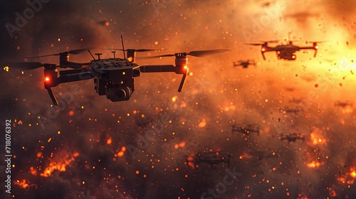 Modern drones flying over burning battle fields. Drones and flames. Future wars. photo