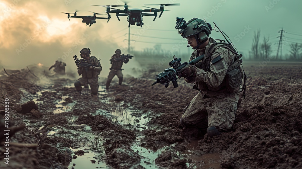 Modern soldiers operations during warfare. Drone operators on the battlefields. Modern war. Modern soldiers operations during warfare. Drone operators on the battlefields. Modern war.