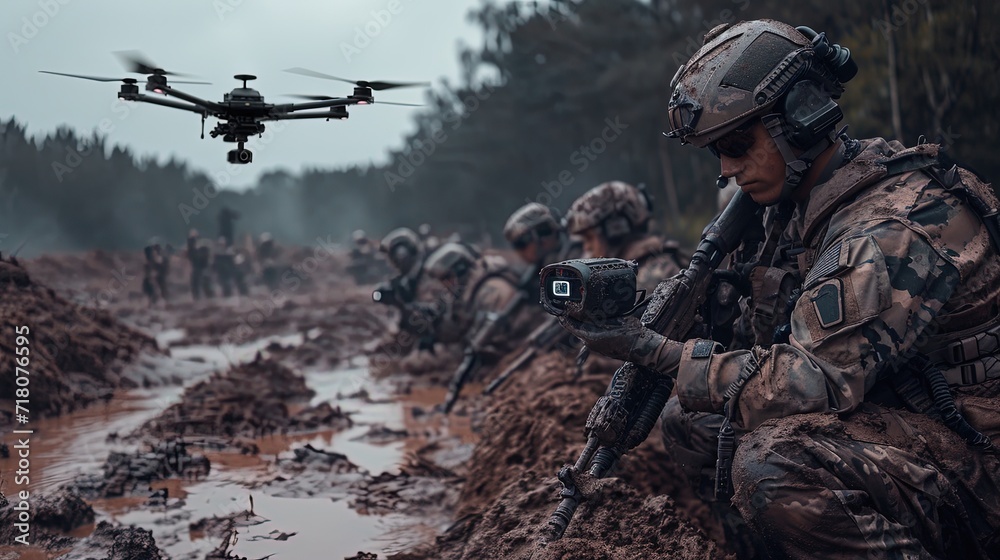 Modern soldiers operations during warfare. Drone operators on the battlefields. Modern war.