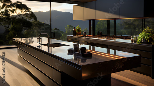Luxurious kitchen with reflective surfaces and a mountain view at dusk