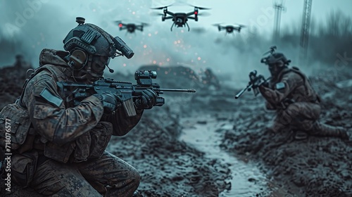 Modern soldiers operations during warfare. Drone operators on the battlefields. Modern war. © Tamara