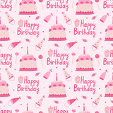Seamless pattern with birthday cakes, hats and lollipops. Hand drawn flat vector illustration on pink background. Great for celebration, party and birthday themes.