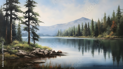 The background is a very beautiful natural view of the forest and river