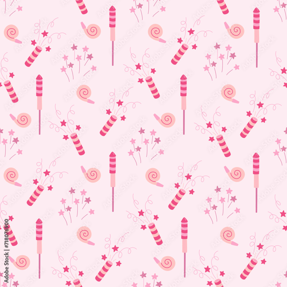 Seamless pattern with petards, firecrackers, birthday whistles and firework with stars. Hand drawn flat vector illustration on pink background. Great for celebration, party and birthday theme