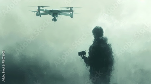 Military drone pilot operating drone covered my smoke and war fog. War operations.