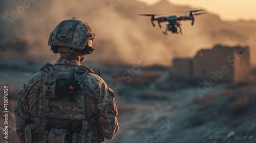 A soldier operating drone during military operations. War and drones. FPV drone on war.
