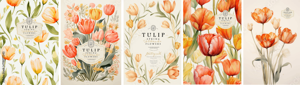 Tulips. Spring flowers. Watercolor elegant bright illustration of floral seamless pattern, frame, border, leaves, logo for abstract greeting card, wedding invitation or background - obrazy, fototapety, plakaty 