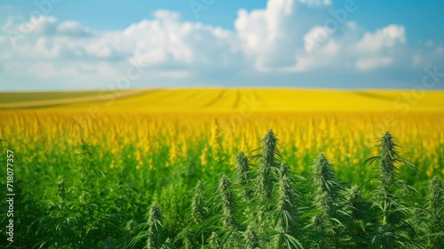 Hemp field in the front of picture and rapeseed field behind it