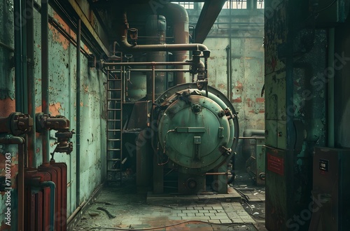 Old Factory - an old, dark industrial room contains a boiler and pipes