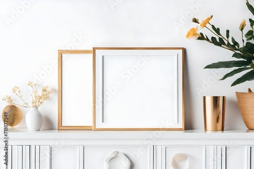Mockup frame on shelf in living room interior, Scandinavian style