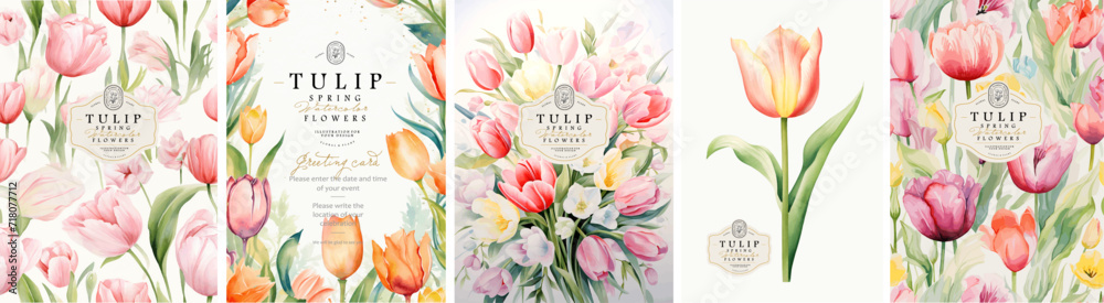 Tulips. Spring flowers. Watercolor delicate illustration of floral seamless pattern, frame, border, leaves, logo for abstract greeting card, wedding invitation or background - obrazy, fototapety, plakaty 