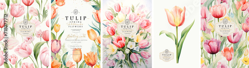 Tulips. Spring flowers. Watercolor delicate illustration of floral seamless pattern, frame, border, leaves, logo for abstract greeting card, wedding invitation or background