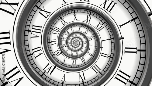 Spiral with clock watch dial horizontal. Metaphor of infinity of time. Transience of time. Limited life time. Conceptual video animation. High quality 4k footage