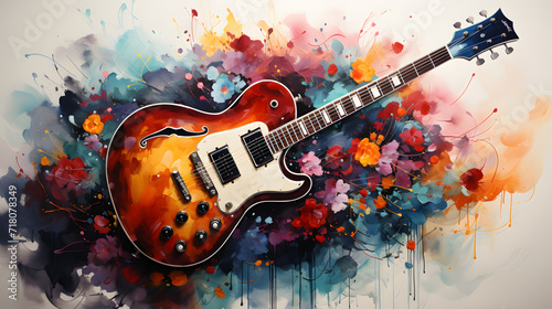 colorful Guitar in the foreground on Watercolor painting copy space background