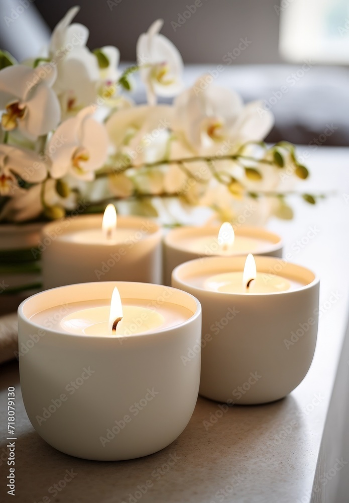 Spa. Four candles on a background of orchid flowers. AI created.
Spa. Four candles on a background of orchid flowers. AI created.