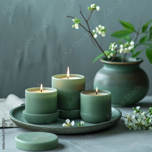 Candles and flowers on the table in a green tone, Relaxation. AI created.
