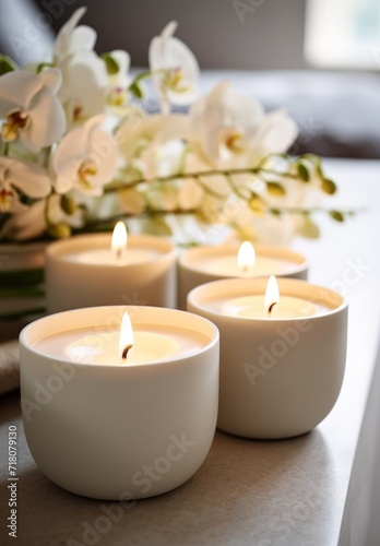 Spa. Four candles on a background of orchid flowers. AI created. 