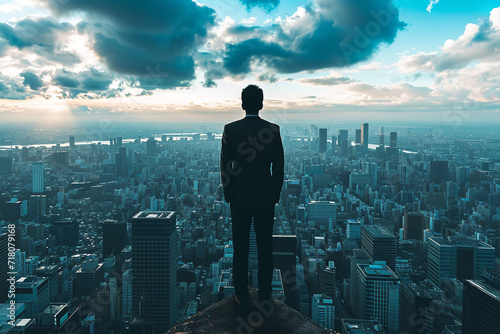 Depict a person in a business suit standing confidently at the edge of a skyscraper - gazing over a sprawling cityscape. 