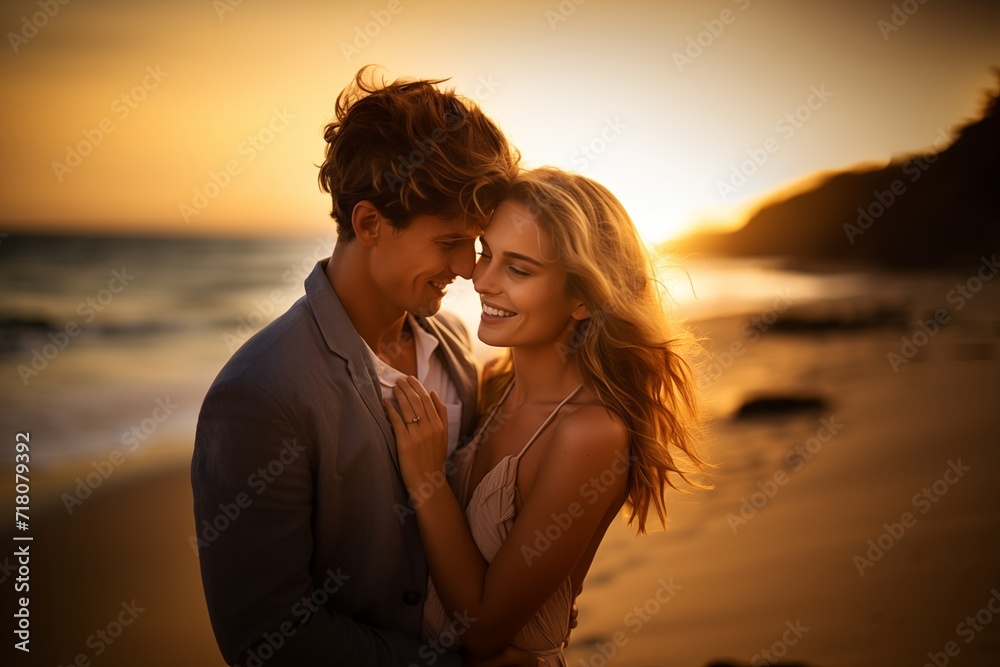 Romantic Couple Embracing on Beach at Sunset