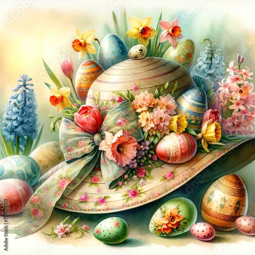 easter eggs, hat, vintage style, retro, pastel colors, holiday, celebration