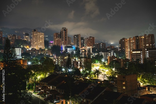 wide city capture at night of medellin, colombia in location el poblado