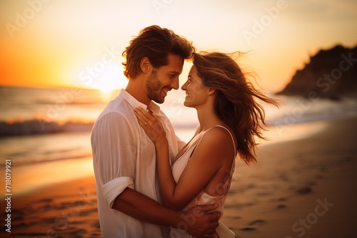 Romantic Couple Embracing on Beach at Sunset © Chanakan