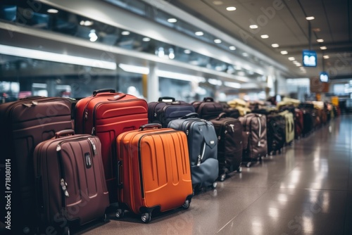 Row of various suitcases in airport terminal luggage shop photo