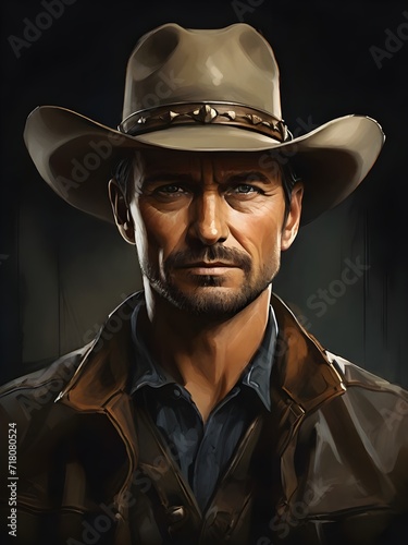 Portrait of a man with cowboy hat. Generative AI