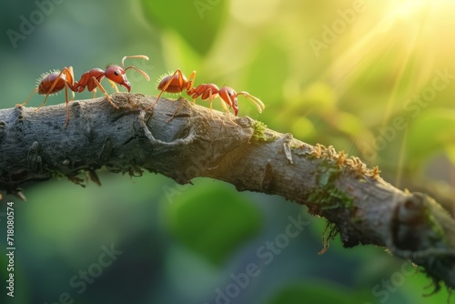 Discover the intricate world of nature as two vibrant red ants explore a tree branch bathed in sunlight, showcasing the captivating details of their journey in this closeup shot