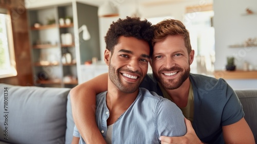Portrait of a beautiful smiling happy multiethnic homosexual couple in the living room.