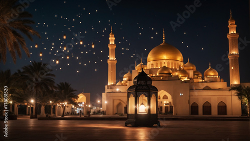 Eid al-fitr Hosni Mubarak mosque and lantern background at night