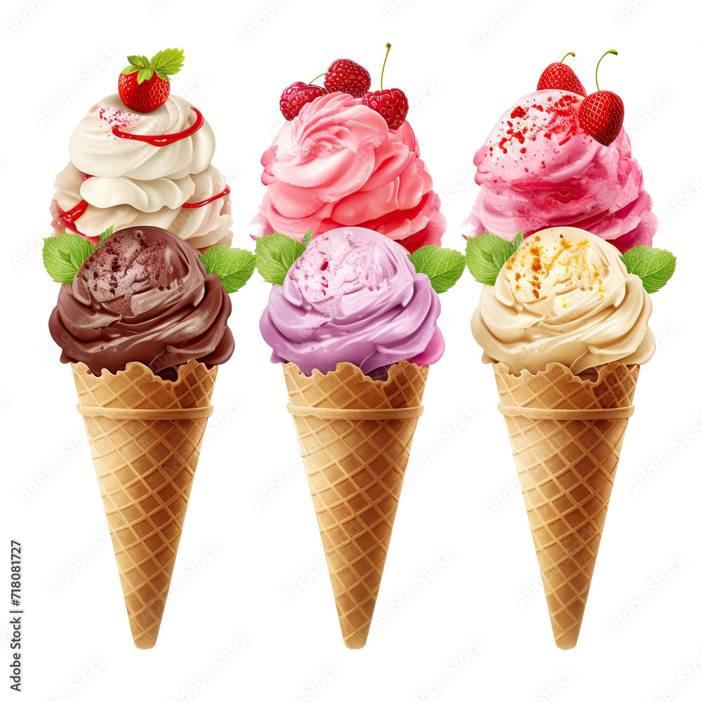 ice cream cones set collection frozen ice scoop isolated on white background