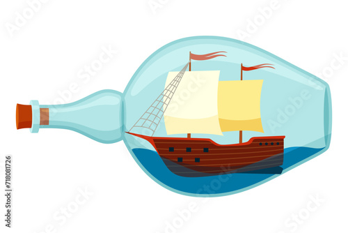 Ships in bottle. Glass with object inside. Miniature model of marine vessel. Hobby craft work and sea theme. Decorative marine souvenir, sailing craft