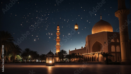 Eid al-fitr Hosni Mubarak mosque and lantern background at night © PixelBook
