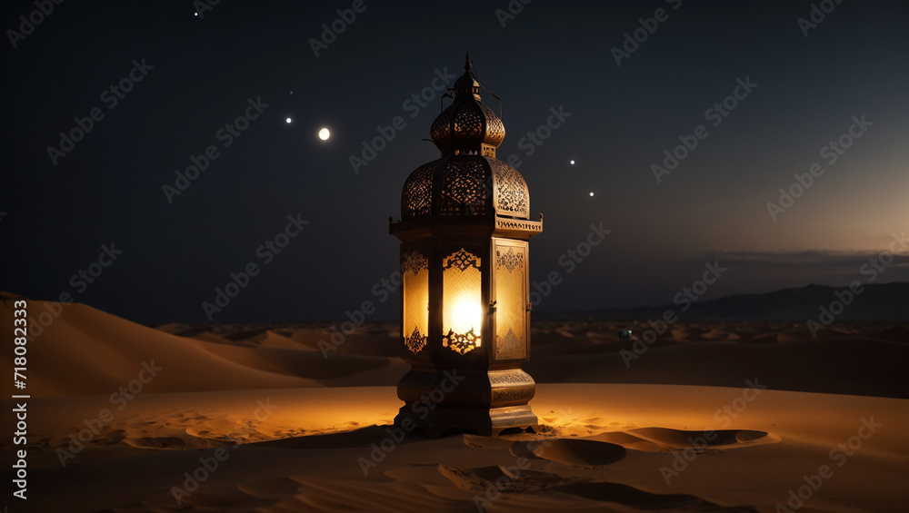 Islamic lantern in the desert at night